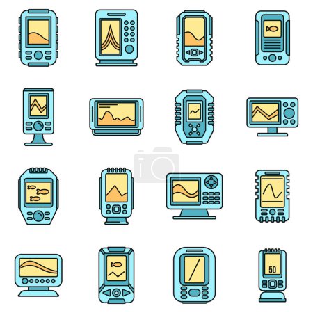 Echo sounder icons set. Outline set of echo sounder vector icons thin line color flat on white