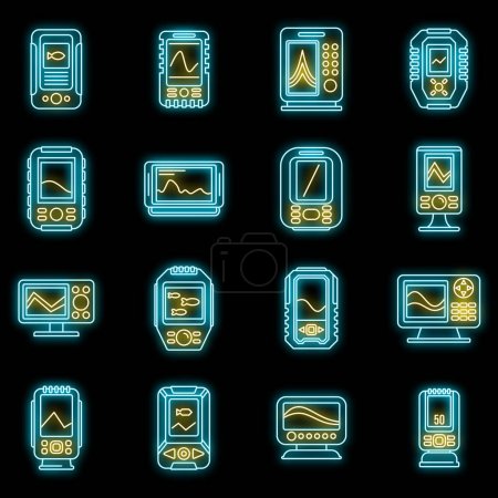 Echo sounder icons set. Outline set of echo sounder vector icons neon color on black