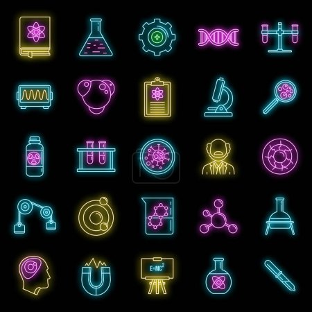 Illustration for Nuclear biophysics icons set. Outline set of nuclear biophysics vector icons neon color on black - Royalty Free Image
