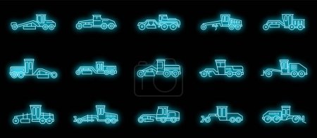 Illustration for Construction grader machine icons set. Outline set of construction grader machine vector icons neon color on black - Royalty Free Image