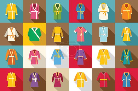 Illustration for Dressing gown icons set flat vector. Bathrobe satin. Person spa bath - Royalty Free Image