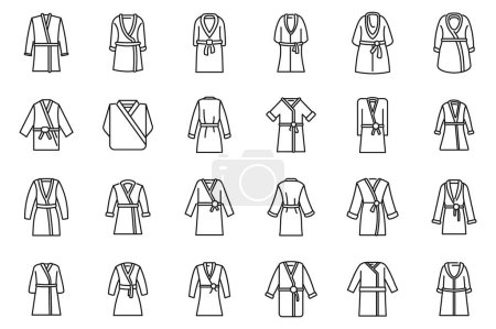 Téléchargez les illustrations : Robes d'habillage icônes définir contour vecteur. Peignoir satiné. Bain spa personne - en licence libre de droit