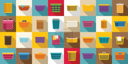 Illustration for Laundry basket icons set flat vector. Clothes dirty. Pile fold wicker - Royalty Free Image