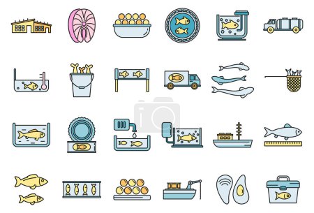 Illustration for Food fish farm icons set. Outline set of food fish farm vector icons thin line color flat on white - Royalty Free Image