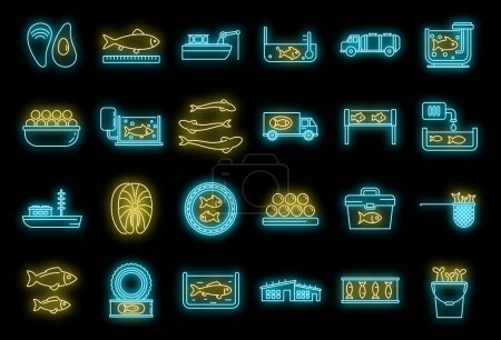 Illustration for Food fish farm icons set. Outline set of food fish farm vector icons neon color on black - Royalty Free Image