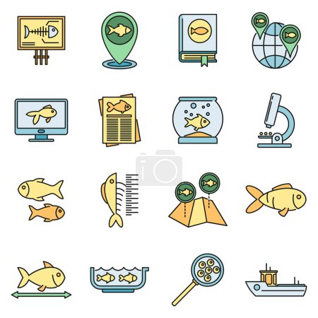 Téléchargez les illustrations : Ichthyologie poisson icônes ensemble. Aperçu ensemble d'icônes vectorielles ichtyologie poisson ligne mince couleur plate sur blanc - en licence libre de droit