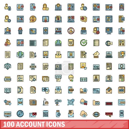 Illustration for 100 account icons set. Color line set of account vector icons thin line color flat on white - Royalty Free Image