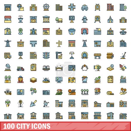 Téléchargez les illustrations : Ensemble de 100 icônes de ville. Ensemble de lignes de couleurs d'icônes vectorielles de la ville couleur de ligne mince plat sur blanc - en licence libre de droit