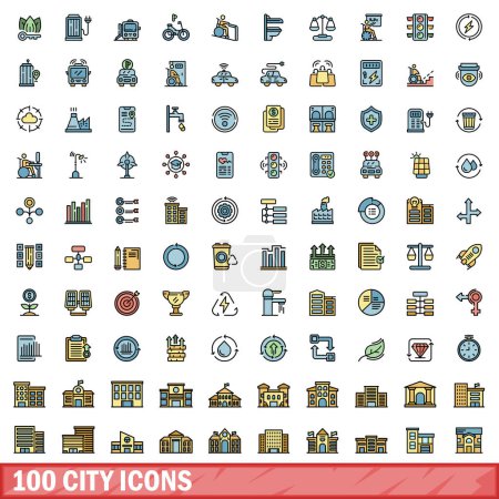 Téléchargez les illustrations : Ensemble de 100 icônes de ville. Ensemble de lignes de couleurs d'icônes vectorielles de la ville couleur de ligne mince plat sur blanc - en licence libre de droit