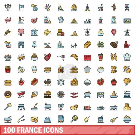 Téléchargez les illustrations : Ensemble de 100 icônes france. Jeu de lignes de couleurs d'icônes vectorielles france couleur de ligne fine à plat sur blanc - en licence libre de droit