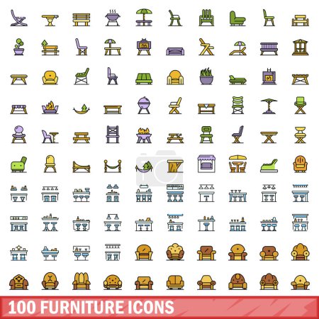 Téléchargez les illustrations : Ensemble de 100 icônes de meubles. Ligne de couleur ensemble d'icônes vectorielles de meubles ligne mince couleur plate sur blanc - en licence libre de droit