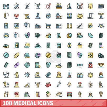 Illustration for 100 medical icons set. Color line set of medical vector icons thin line color flat on white - Royalty Free Image