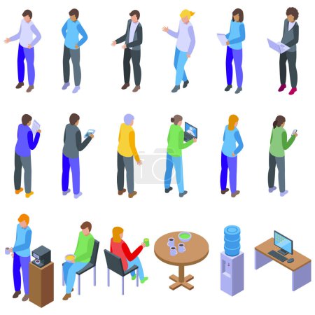 Illustration for Coworkers communicating office icons set isometric vector. Interior business. Table rack - Royalty Free Image