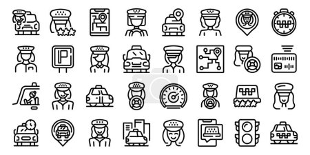 Illustration for Taxi driver woman icons set outline vector. Car city phone. Mobile cab girl - Royalty Free Image