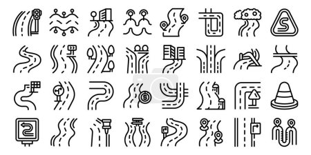 Winding road icons set outline vector. Traveling vehicle. Landscape car driving