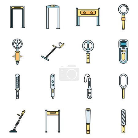 Illustration for Metal detector alarm icons set. Outline set of metal detector alarm vector icons thin line color flat on white - Royalty Free Image
