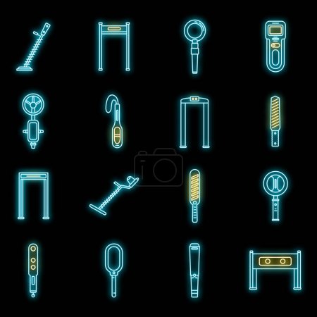 Illustration for Metal detector alarm icons set. Outline set of metal detector alarm vector icons neon color on black - Royalty Free Image