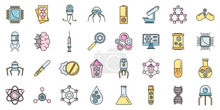 Illustration for Nanotechnology science icons set. Outline set of nanotechnology science vector icons thin line color flat on white - Royalty Free Image