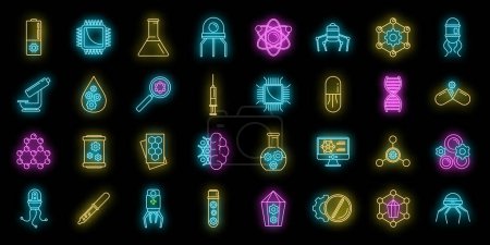 Illustration for Nanotechnology science icons set. Outline set of nanotechnology science vector icons neon color on black - Royalty Free Image