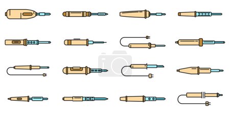 Electric soldering iron icons set. Outline set of electric soldering iron vector icons thin line color flat on white