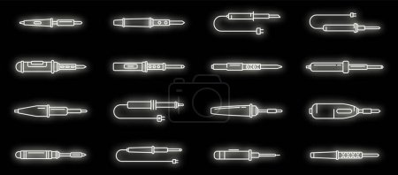 Electric soldering iron icons set. Outline set of electric soldering iron vector icons neon color on black