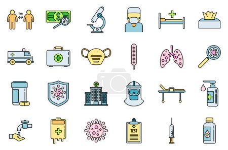 Ilustración de Conjunto de iconos de gripe por Coronavirus. Conjunto de contornos de Coronavirus influenza vector iconos delgada línea de color plano sobre blanco - Imagen libre de derechos