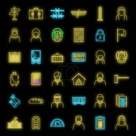 Illustration for Africa illegal immigrants icons set. Outline set of africa illegal immigrants vector icons neon color on black - Royalty Free Image