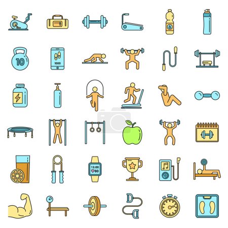 Illustration for Morning gym time icons set. Outline set of morning gym time vector icons thin line color flat on white - Royalty Free Image