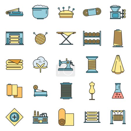 Conjunto de iconos de fábrica de producción textil. Conjunto de contorno de iconos de vectores de fábrica de producción textil línea delgada de color plano en blanco