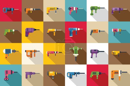 Illustration for Electric hammer drill icons set flat vector. Construction tool. Industry chisel - Royalty Free Image