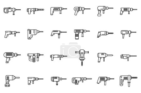 Illustration for Electric hammer drill icons set outline vector. Construction tool. Industry chisel - Royalty Free Image