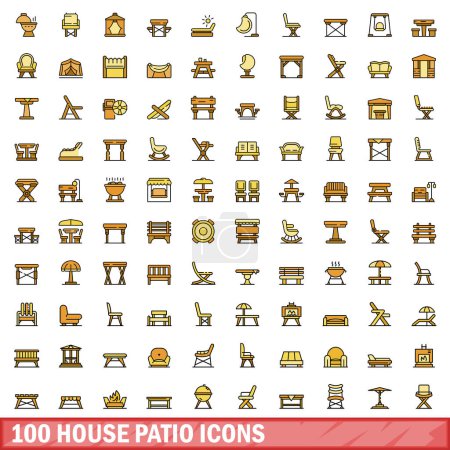 Téléchargez les illustrations : Ensemble de 100 icônes patio maison. Ligne de couleur ensemble d'icônes vectorielles patio maison ligne mince couleur plat sur blanc - en licence libre de droit