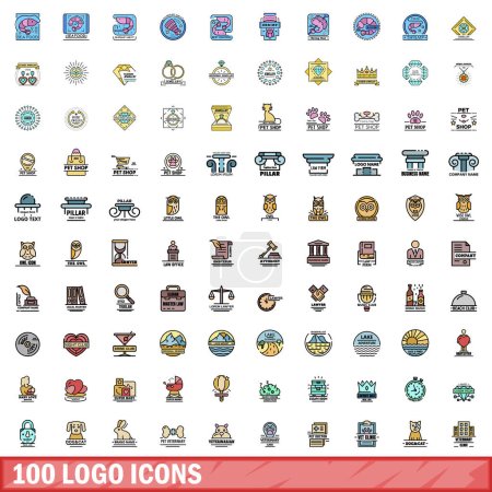 Ilustración de Conjunto de 100 iconos de logotipo. Línea de color conjunto de iconos de vectores de logotipo línea delgada de color plano sobre blanco - Imagen libre de derechos