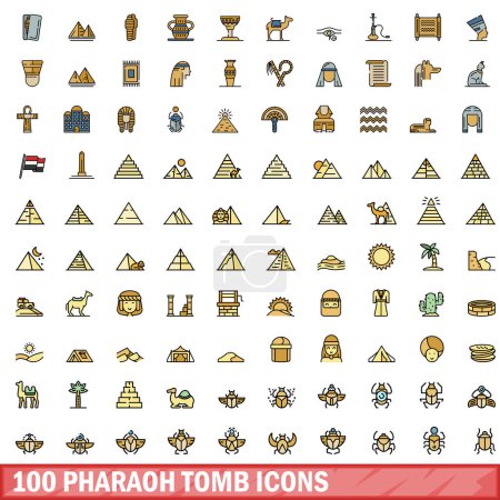 Téléchargez les illustrations : Ensemble de 100 icônes de tombeau de pharaon. Ensemble de lignes de couleurs d'icônes vectorielles de tombeau de pharaon couleur de ligne mince à plat sur blanc - en licence libre de droit