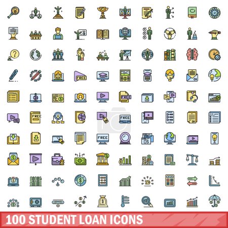 Illustration for 100 student loan icons set. Color line set of student loan vector icons thin line color flat on white - Royalty Free Image