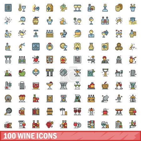 Conjunto de 100 iconos de vino. Línea de color conjunto de iconos de vectores de vino línea delgada de color plano sobre blanco