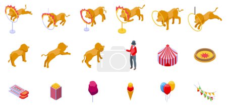 Illustration for Lion fire performance icons set isometric vector. Animal acrobat. Carnival circus - Royalty Free Image