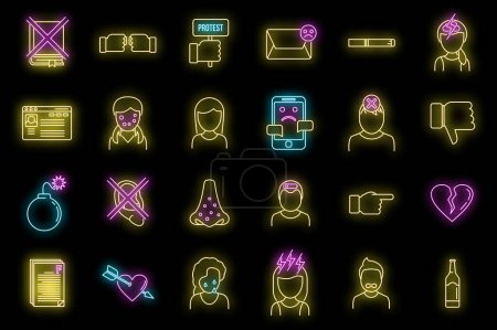 Modern teen problems icons set. Outline set of Modern teen problems vector icons neon color on black