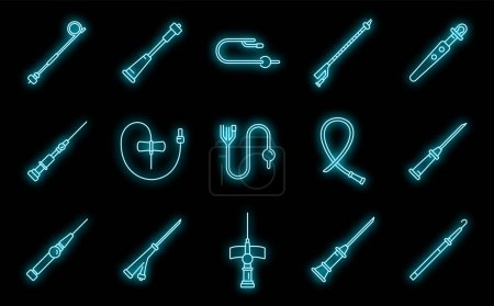 Set medizinischer Kathetersymbole. Umrisse der medizinischen Kathetervektorsymbole neonfarben auf schwarz