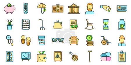 Retirement plan icons set. Outline set of retirement plan vector icons thin line color flat on white