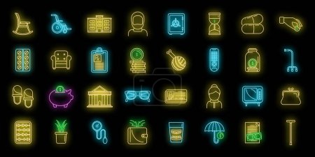 Retirement plan icons set. Outline set of retirement plan vector icons neon color on black