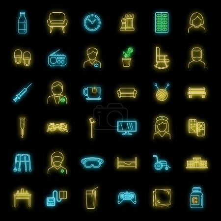 Aged nursing home icons set. Outline set of aged nursing home vector icons neon color on black