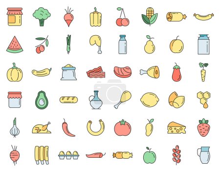 Conjunto de iconos de productos agrícolas. Esquema conjunto de productos agrícolas vector iconos delgada línea de color plano sobre blanco