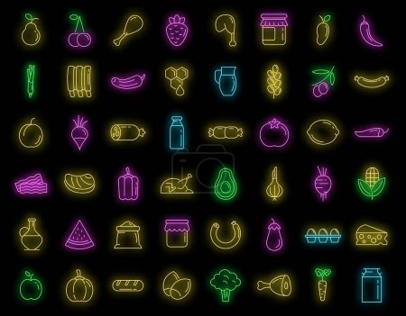 Farm products icons set. Outline set of farm products vector icons neon color on black