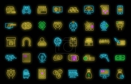 Lottery icons set. Outline set of lottery vector icons neon color on black