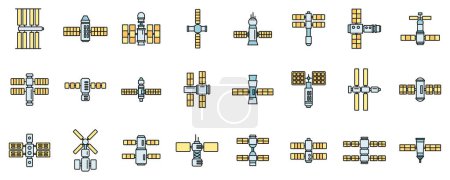 Ilustración de Conjunto de iconos del sistema de estaciones espaciales. Conjunto de contorno del sistema de estación espacial vector iconos delgada línea de color plano sobre blanco - Imagen libre de derechos