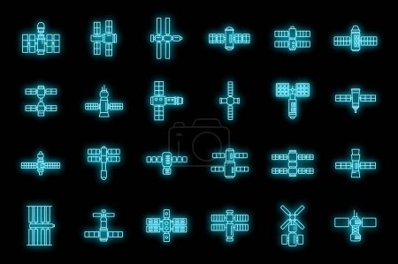 Ilustración de Conjunto de iconos del sistema de estaciones espaciales. Conjunto de contorno de los iconos vectoriales del sistema de estación espacial color neón en negro - Imagen libre de derechos