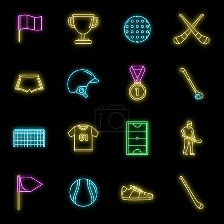 Hurling game icons set. Outline set of hurling game vector icons neon color on black