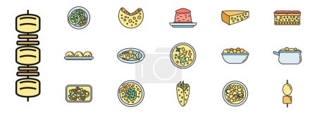 Reisen Griechenland Essen Ikonen gesetzt. Umrisse von Travel Greece Essen Vektor Symbole dünne Linie Farbe flach auf weiß