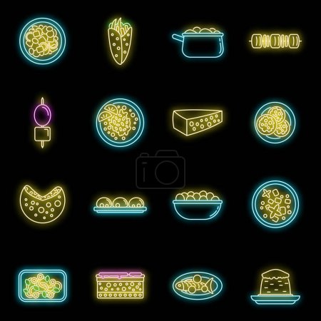 Travel Greece food icons set. Outline set of Travel Greece food vector icons neon color on black